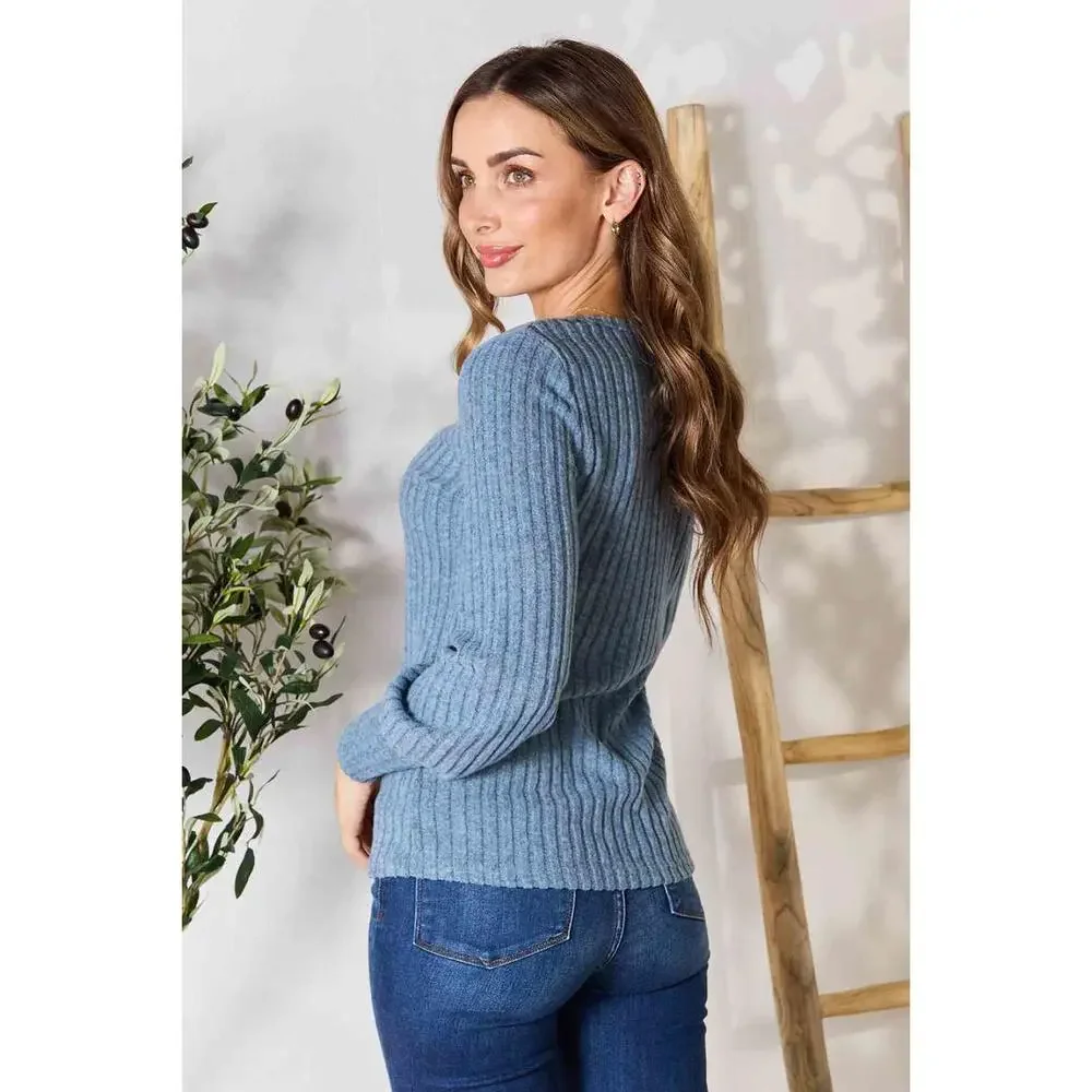 Double Take Ribbed Round Neck Lantern Sleeve Blouse - Picture 13 of 15